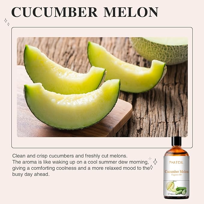 PHATOIL Cucumber Melon Fragrance Oils for Aromatherapy, 3.38FL.OZ Diffuser Oils for Home, Perfect for Aromatherapy, Humidifiers, Yoga, DIY Candle and Soap Making - 100ml