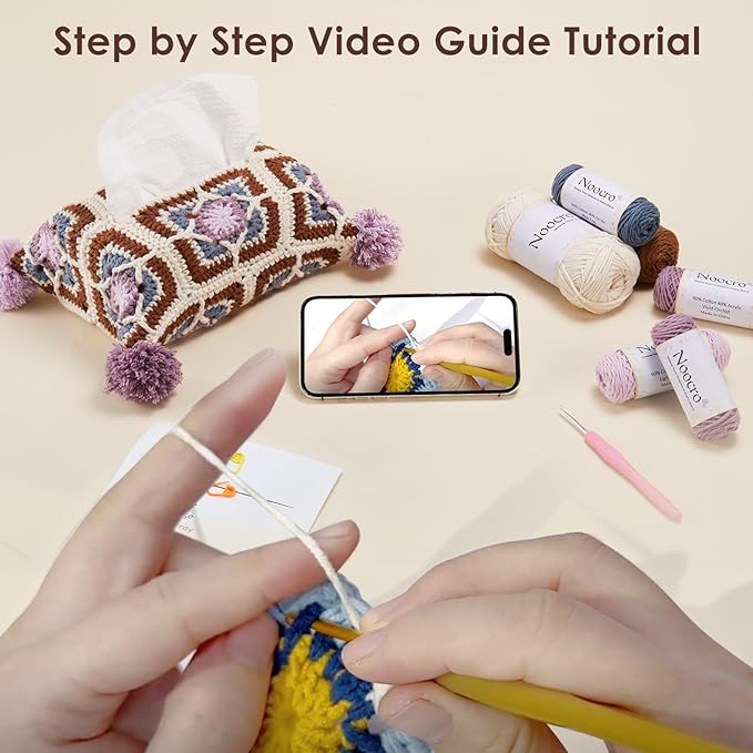 Noocro Crochet Kit Granny Square Tissue Holder, Complete DIY Kit with Detailed Instructions, Video Tutorials, for Beginners or Intermediate and Advanced Crocheters