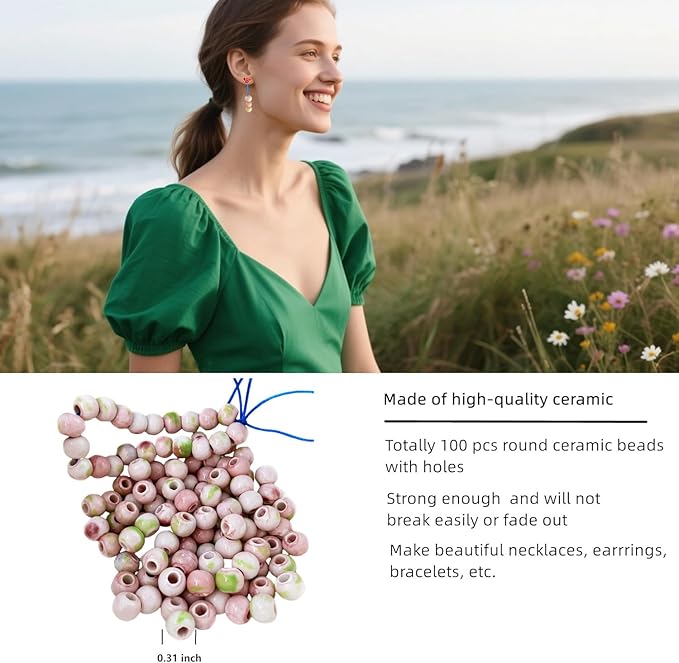 Ceramic Round Porcelain Beads Flower Porcelain Spacer Bead Craft Beads Ornamenets for DIY Jewelry Necklace Bracelet DIY Crafts for Women Above 12 Years Old 100 pcs