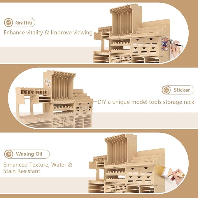 Wooden Model Kit Tool Organizer Storage Rack, Paint Rack Organizer with MDF Material, Brush/Screwdriver Storage, Craft Supplies Storage, Suitable for Tamiya Gundam Model Tools, GK10