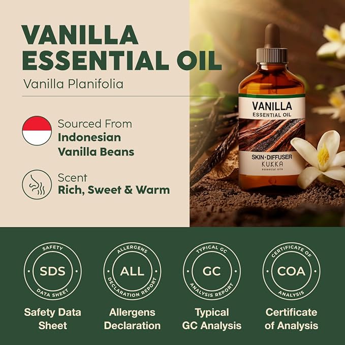 KUKKA Vanilla Essential Oils - 4 Fl Oz - for Hair, Skin, Diffuser, Aromatherapy & DIY Soap Making Scent
