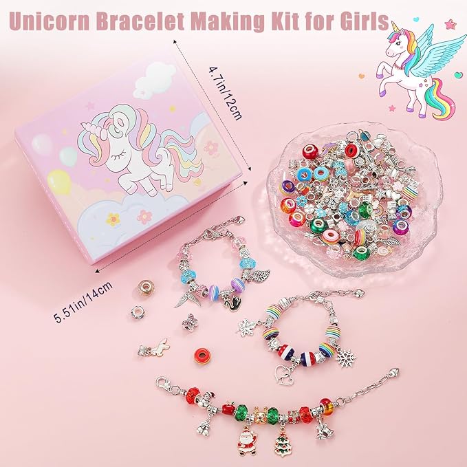 Emibele Charm Bracelet Making Kit, Christmas Jewelry Making Kit for Girls Age 8-12, Unicorn/Mermaid DIY Bracelets Crafts Kit for 5 6 7 Girl Holiday Gifts Idea on Xmas Birthday Valentines