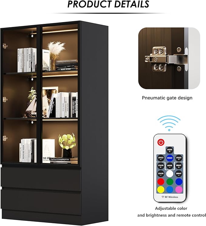 Wooden Display Cabinet with Glass Doors & 2 Drawers,LED Lights Glass Display Case,Showcase for Collections, Curio Cabinets, Bookcase and Glassdoor Display Cabinet(Black- 2 Drawers)
