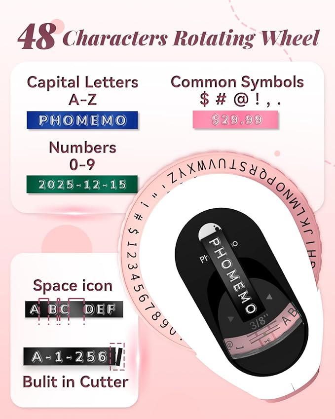 Phomemo Embossing Label Maker Machine, Retro Embossed Label Maker, Old School Embosser Labeler with 6 Rolls 3D Embossing Label Waterproof for Kid DIY Home School and Scrapbook Supplies Office, Pink