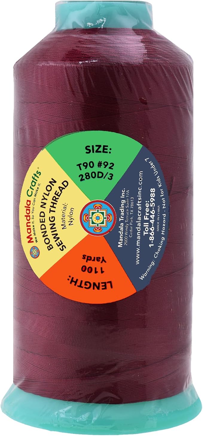 Mandala Crafts Bonded Nylon Thread Wine Heavy Duty Sewing Threads - 1100 YDs Size 92 280D T90 Tex 90 Thread for Leather Jeans Weaving Outdoor Marine Upholstery Threads