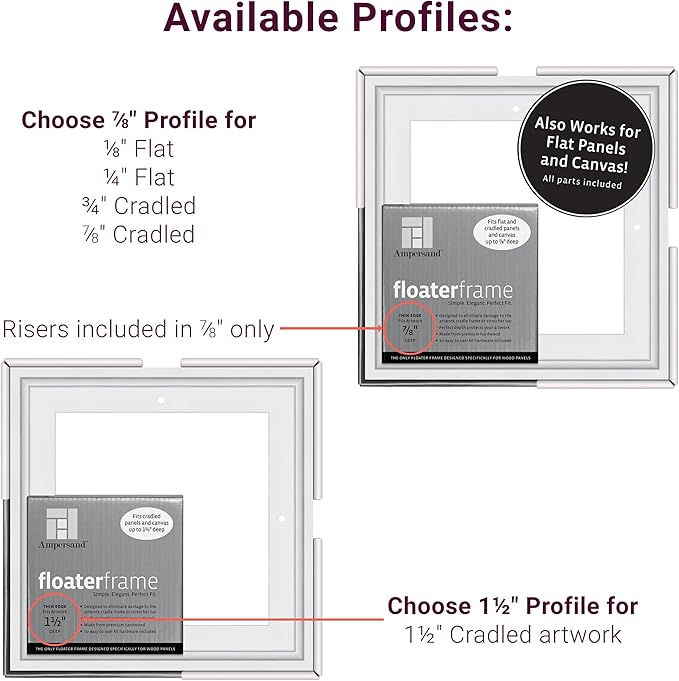 Ampersand Art Supply Floaterframe Readymade Frame for Flat and 7/8" Deep Wood Panel and Canvas Artwork, Paintings, Prints, and More, 10"x10", White Thin