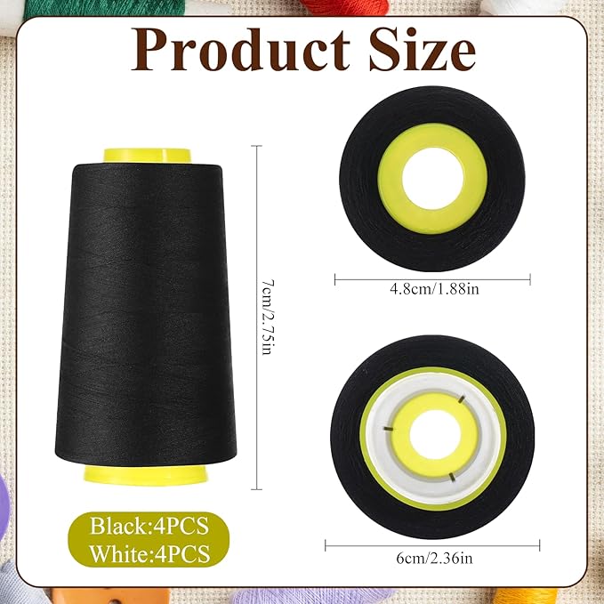 8Pcs Black & White Sewing Thread 40S/2 Polyester Sewing Thread Spools 3000 Yard Spool Serger Thread All Purpose Connecting Threads for Sewing Machine and Hand Repair Works