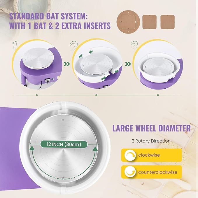 Huanyu Pottery Wheel Machine with 12" Bat System Foot Pedal Control Multiple Art DIY Sculpting Tool Kit Ceramic Wheel Clay Machine for Adult (Purple)