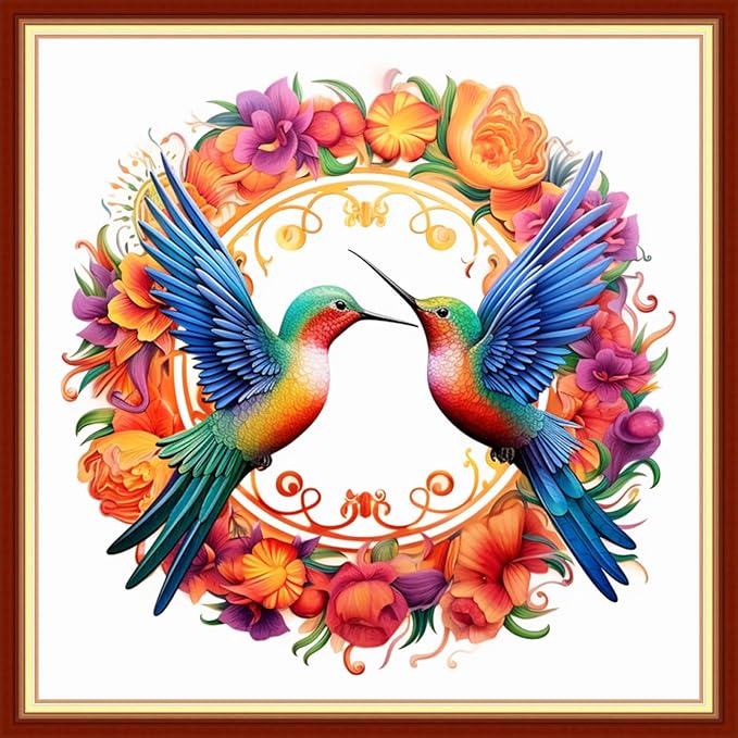 Findvoor Stamped Cross Stitch Kits for Beginner Embroidery Kits for Beginners Adults DIY 11CT Cross Stitch Patterns Needlepoint Kits Crossstitching Kits-Hummingbird Flowers 18x18 inch