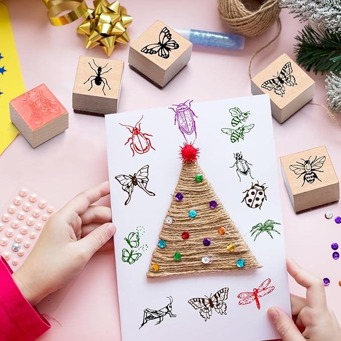 18 Pcs Insect Wood Stamps Set Wooden Rubber Holiday Stamps for Card Making Decoration and Scrapbooking Supplies