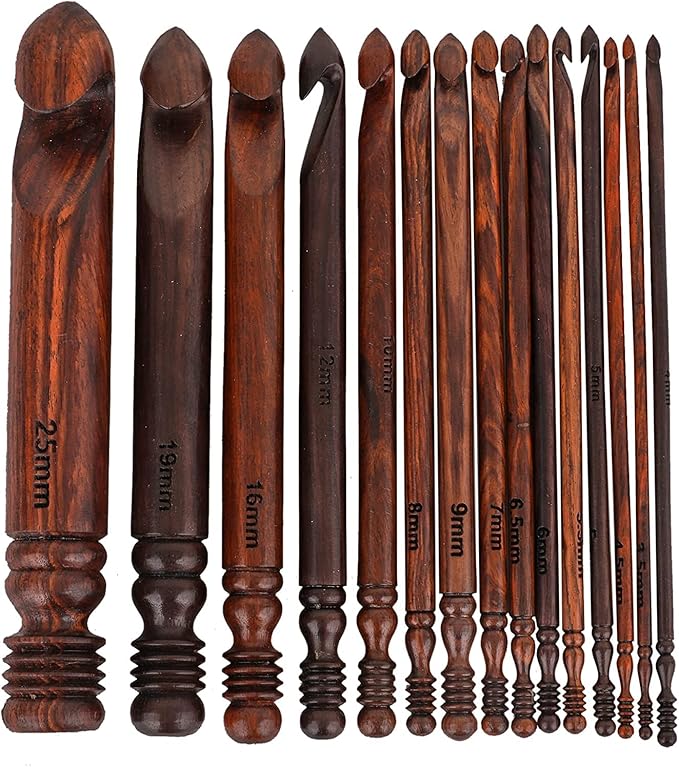 Wooden Crochet Hooks Set (15 pcs, 3.5mm(E) to 25mm(P) - Engraved Rosewood Knitting Needles for Crocheting and Knitting, Crochet Hooks Ergonomic Soft Grip Handle