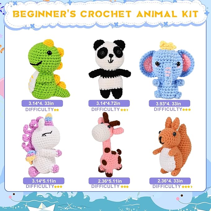 Alutaba 6Pcs Crochet Kit for Beginners, Crochet Animal Kits for Adults with Step by Step Videos Tutorials, Knitting Kit for Crochet Lovers Great Birthday Holiday Gift, DIY Keychain Pendants