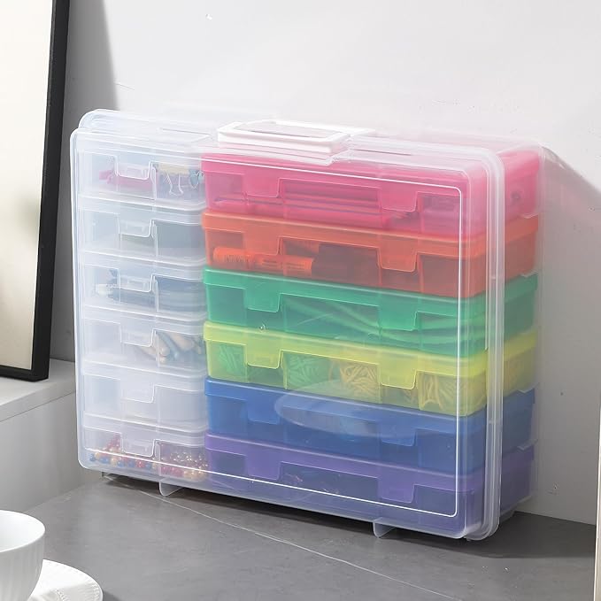 Plastic Storage Boxes & Organizers - Modern Arts & Crafts Storage with Lids - 6 Medium Color + 6 Small Clear - Stackable - 18 Items (12 Count) - 15.3"L x 12.5"W x 5.1"H
