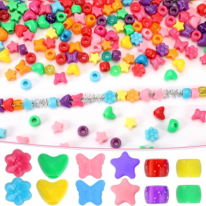 UPINS 1200 Pcs Colored Shaped Pony Beads - Mixed Perforated Assorted Heart Flower Star Butterfly Beads for Jewelry Making Friendship Bracelets Necklace Craft Hair Beaded