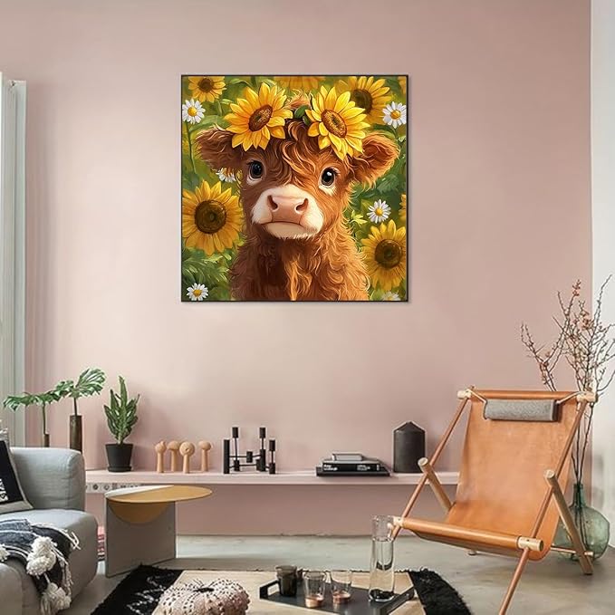 Highland Cattle Cross Stitch Kits for Beginners Adults, Sunflower Patterns Dimensions Needlepoint Art Crafts,Counted Cross Stitch Kits Embroidery Kits for Beginners Adults for Home Decor