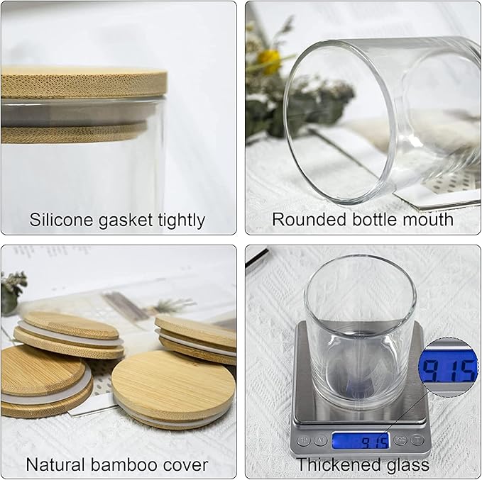Creahaus 10oz, 16 Pack Thick Candle Jars with Bamboo Lids for Making Candles, Bulk Clear Empty Glass Candle Containers & Sticky Labels, Warming Labels Kit, Heat Resistant Candle Vessels