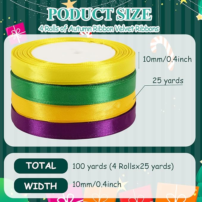 DECYOOL Mardi Gras Satin Ribbons, 4 Rolls 100 Yards Each - 10mm Wide Green, Purple, Yellow - Craft Ribbons for Gift Wrapping & Carnival Decoration