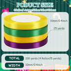 DECYOOL Mardi Gras Satin Ribbons, 4 Rolls 100 Yards Each - 10mm Wide Green, Purple, Yellow - Craft Ribbons for Gift Wrapping & Carnival Decoration