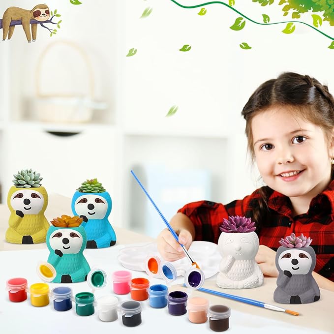 Pasimy 6 Set DIY Ceramic Succulent Planter Pots Paint Your Own Flower Pots Craft Kit Unpainted Bisque Paintable Flowerpot with Brush Palette Ready to Paint for Family Activity Gift(Sloth)