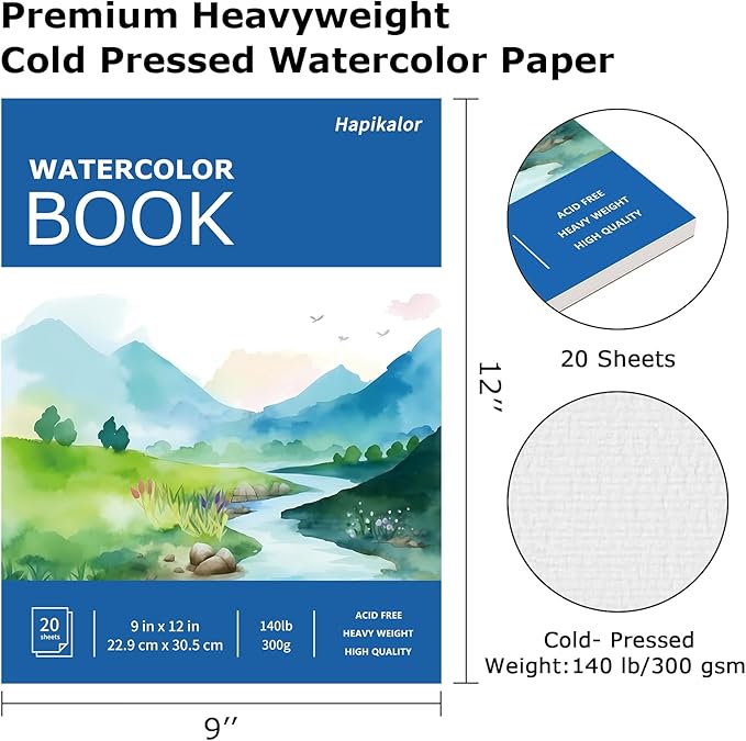 Hapikalor Watercolor Paper Pad, 9"x12" 140lb/300gsm Artist Drawing Sketch Book, Paper Pad, Art Journal, Arts and Crafts Supplies for Adults Kids, Paint Set, Colors, Canvas Painting, Watercolors, Blue