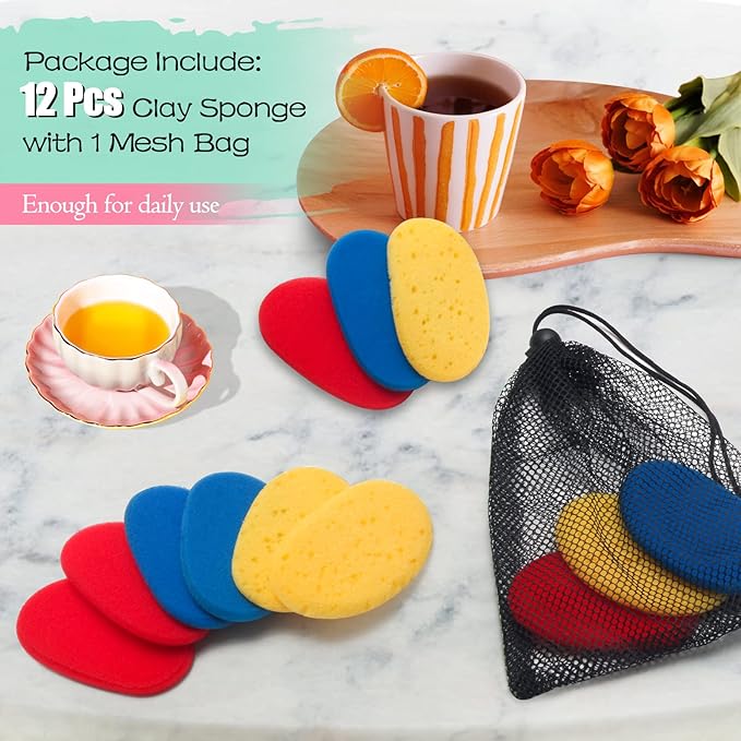 12Pcs Clay Sponges for Clay, Boyistar Ceramics Pottery Clay Sponge for Shaping and Clean Sponge with 3-Density Clay Sponge Artists Sponge for Pottery Modeling Sculpting with Mesh Bag