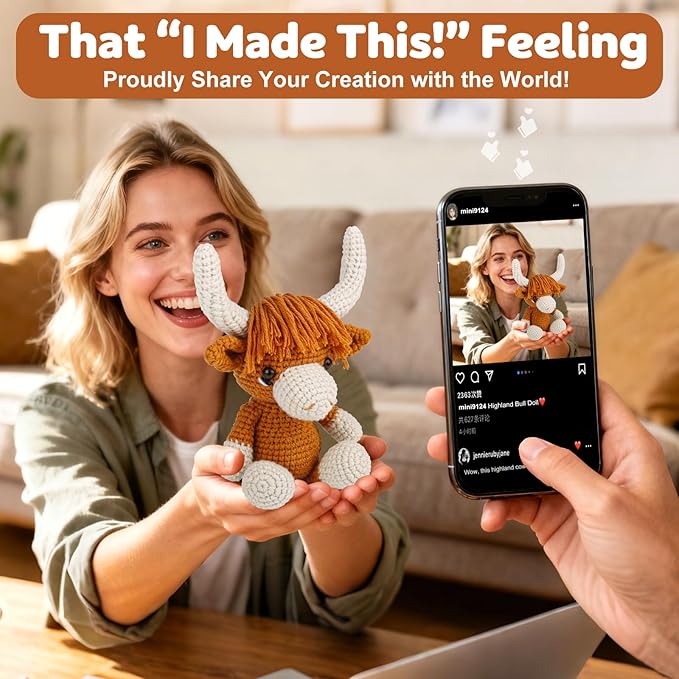 Faircosy Learn to Crochet Beginner Kit: All in One Highland Cow Crochet DIY Kit with Yarn, Crochet Hooks, Video Guide - Make Adorable Cow for Women, Teens & Adults - Great Learning Craft Gift