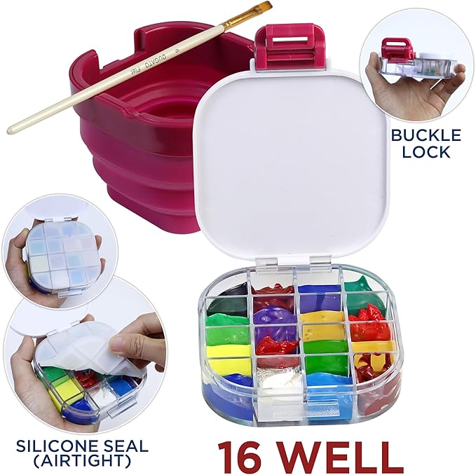 Mini Paint Storage Box 5.1 x 4.2 inches, 16-Well with Airtight Seal for Prevent Leakage Spills, Include Convenient Lid and Palette Storing Gouache, Acrylic, Watercolor Oil Paint (Pink)