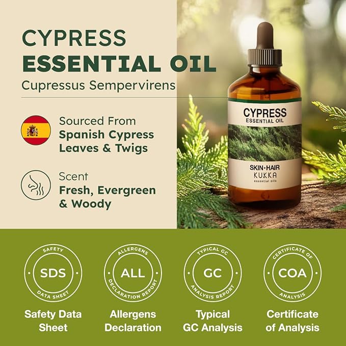 KUKKA Cypress Essential Oils - 4 Fl Oz - for Hair, Skin, Diffuser, Aromatherapy & DIY Soap Making Scent