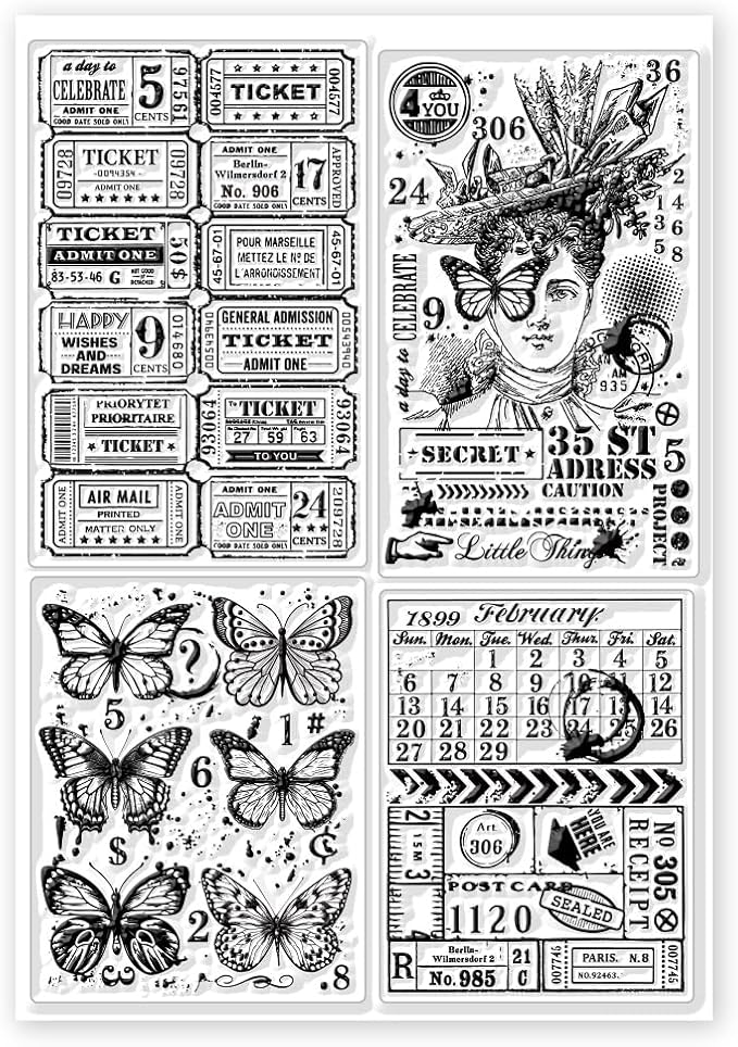 GLOBLELAND Retro Woman Postcard Background Clear Stamps for Cards Making Vintage Butterfly Silicone Clear Stamp Seals 5.83x8.27inch Transparent Stamps for DIY Scrapbooking Photo Album Journal