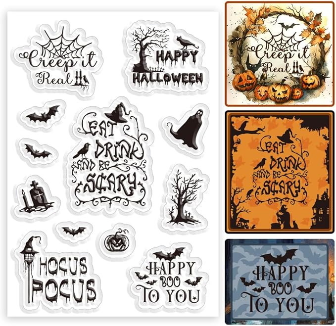 ORIGACH Halloween Words Clear Stamps for Card Making Withered Tree Coffin Bat Silicone Stamp for DIY Scrapbooking Photo Album Journaling Decorative