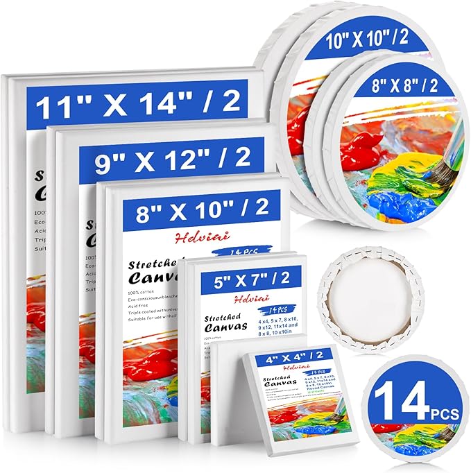 Stretched Canvas - 4x4, 5x7, 8x10, 9x12, 11x14 and Round Canvas 8x8, 10x10 (2 of Each) Total 14 Canvas Pack - 100% Cotton Blank Canvases for Oils Acrylics and Pouring