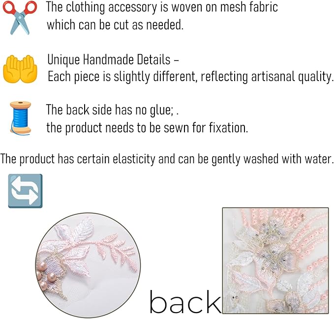 Beaded Pearl Flower Fabric Lace Applique, Floral Embroidered Patches Handmade Sewing Tool for DIY Neckline Bodice Wedding Bridal Prom Dress(Pink-Large)