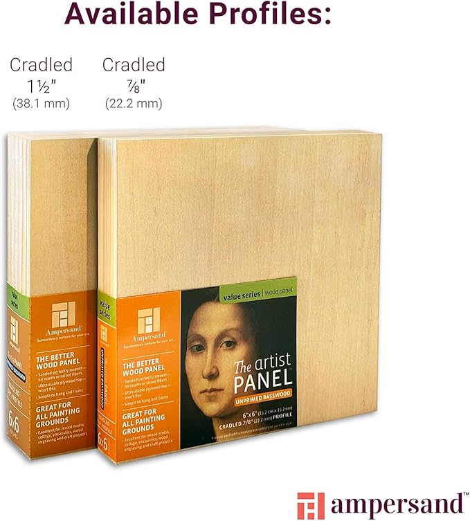 Ampersand Art Supply Unprimed Basswood Artist Panel, 1-1/2" Cradled Profile, 16"x20"