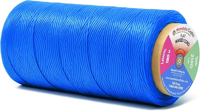 Mandala Crafts Blue Flat Waxed Thread for Leather Sewing - 197 Yds 210D 1mm Polyester Leather Thread String Waxed Cord for Leatherwork, Beading, Bookbinding, Hand Stitching