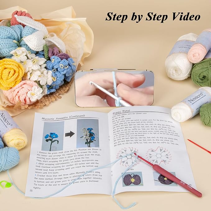 Noocro Crochet Kit Flower Bouquet, Rose, Lily Myosotis, Poppy, Tulip and Orchid with Video Tutorial and Detailed Instructions, Complete Kit Craft Supplies Holiday Gift (Flower Bouquet)