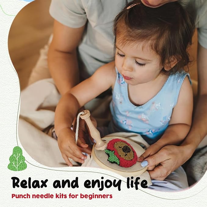 6pcs Capybara Punch Needle Coasters Kit for Beginners, Easy Art Work Embroidery Kit Latch Hook Kits for Adults, DIY Rug tufting kit with Adhesive Felt Yarns Hoop Instruction