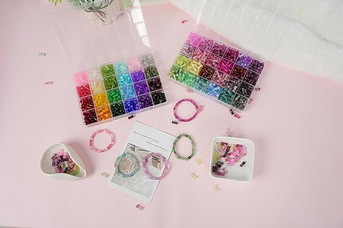 54 Colors 1500pcs Bamboo Glass Beads for Jewelry Making,6 * 12mm Glass Beads Bracelets Making Kit, 2 Types Natural Bamboo Crystal Beads for DIY Bracelet Necklace Crafts,Gifts for Girls Aged 6-15