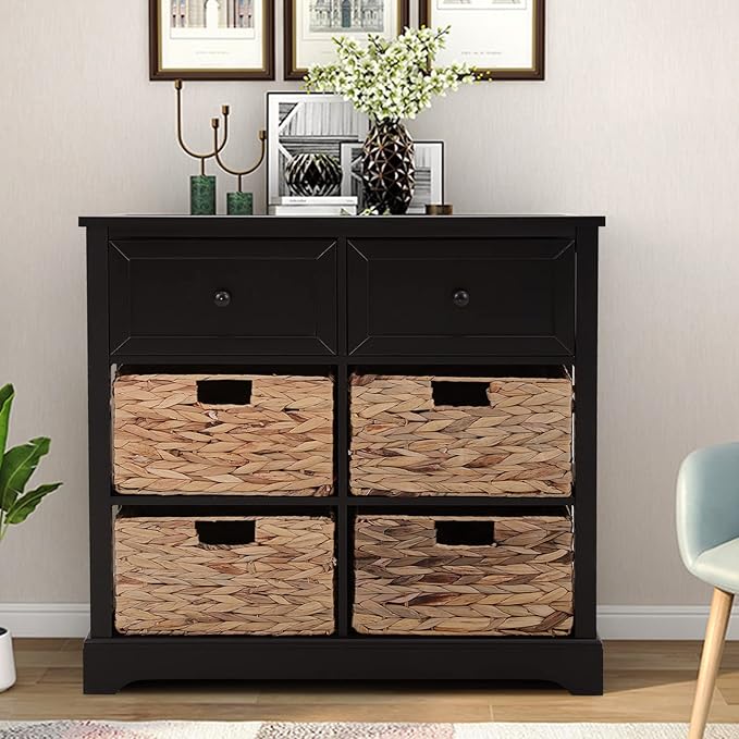 PHI VILLA Black Storage Cabinet with Baskets, Accent Chest for Bedroom Cabinet with Drawers Rattan Cabinet End Table
