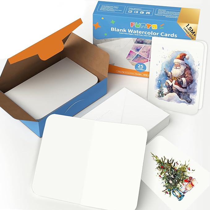 Funto Blank Watercolor Cards and Envelopes, 50 Cards, 5x7'', 140lb/300gsm, White, Acid-Free, Heavyweight Paper for All Occasions