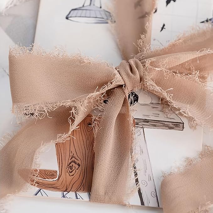 3 Rolls Earth Tone Handmade Fringe Chiffon Ribbon 1.5 Inch x 7 Yard Silk-Like Colorful Rustic Ribbon for Bouquets Wrapping Decor Wedding Invitation Accessories