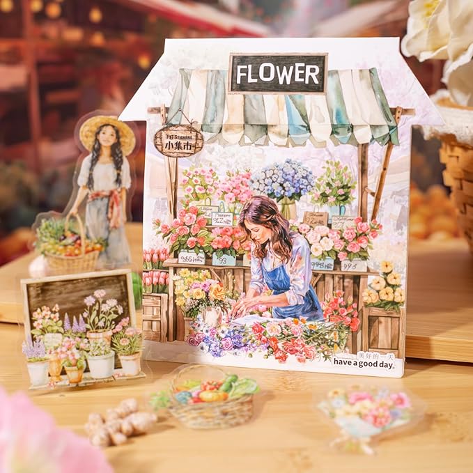 TIAMECH Bazaar PET Stickers - 80 Pcs Fruit Stand Food Street & Flower Vegetable Market Design, Waterproof Sticker for Journaling & Scrapbooking, Junk Journal Supplies, Ephemera & DIY Crafts