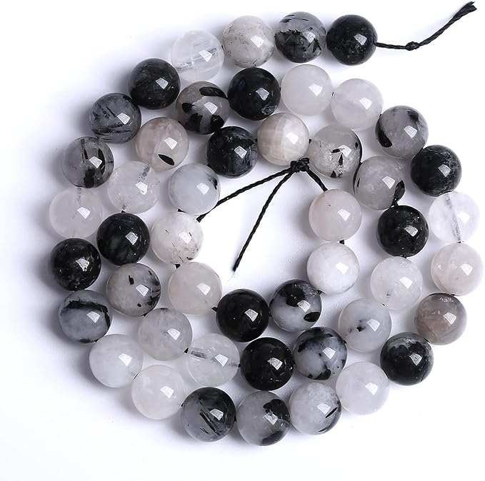6MM 60PCS Natural Crystal Stone Black Rutile Quartz Gemstone 2A Grade Loose Beads for Jewelry Making DIY Bracelet Necklace Semi Precious Beads 1 Strand