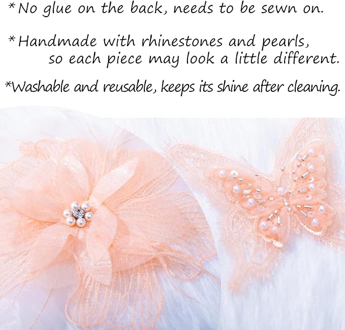 6 Pieces 3D Flower Lace Embroidery Butterflies Appliques Pearl Patches for Repairing and Decorating, Sewing Craft Clothing Jeans Jackets Bags (Orange)