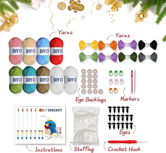 YOKISS 8Pcs Beginner Crochet Starter Kit, Creative Christmas Gifts & Birthday Gifts for Adults & Kids, Popular DIY Patterns, 40% Extra Yarn Crochet Animals Kits with Step-by-Step Video Tutorials