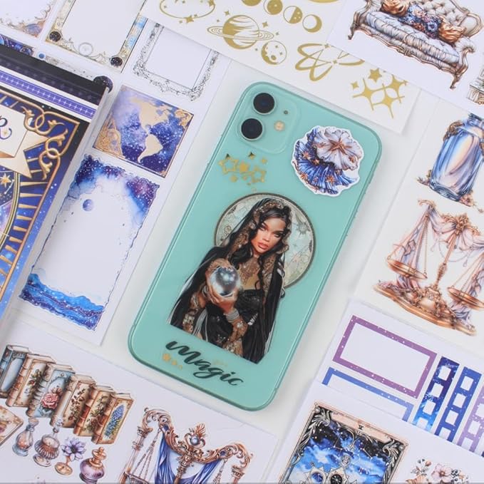 Dwpetzo Astrologer Journaling Sticker Book for Adults, 20 Sheets A5 Precut Transparent PET Washi Paper Materials Stickers for Scrapbooking, Junk Journal Supplies, Planners, Bujo, Collage