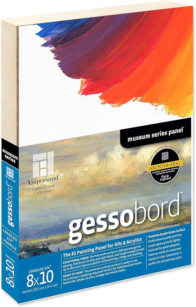 Ampersand Art Supply Gesso Wood Painting Panel: Museum Series Gessobord, 8" x 10", 3/4" Cradled Profile