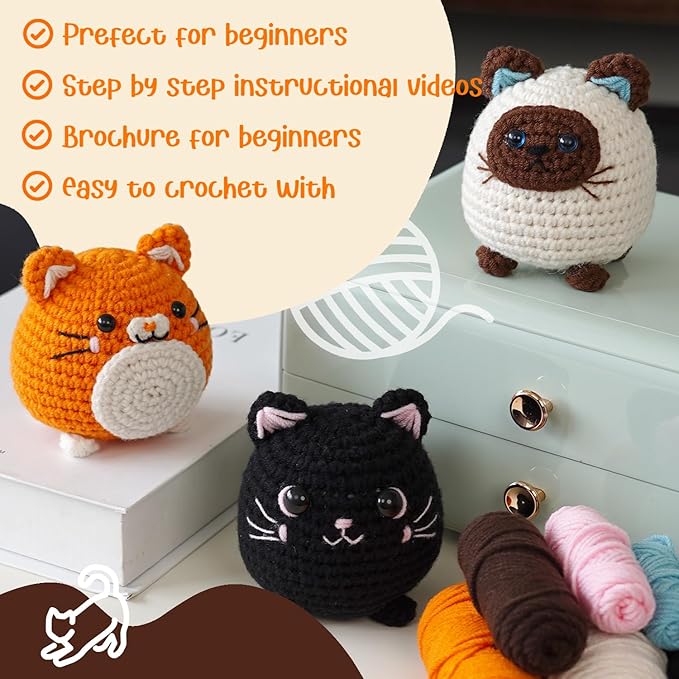 TAKADODO Crochet Kit for Beginners - Learn to Crochet Kits for Adults Beginner with Step-by-Step Video Tutorials - Crochet Kits for Adults and Kids (Cats)