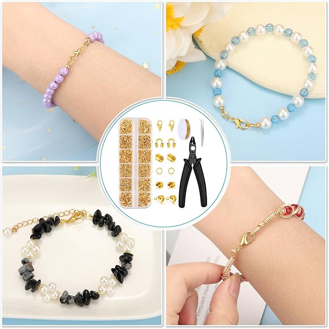 Acejoz 1200 Pcs Gold Crimp Beads Kit, Jewelry Making Supplies Include Crimp Covers, Crimp Tubes, Wire Guardians, Lobster Clasps, Jump Rings, Pliers and Beading Wire for Jewelry Making