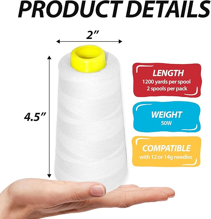 Mandala Crafts White Thread Cones for Machine and Hand Quilting - 2400 Yds 50 WT Multiple Purpose Mercerized 100% Cotton Threads for Sewing Machine Serger Embroidery