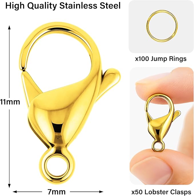 Mandala Crafts 11mm Gold Color Stainless Steel Lobster Clasps for Jewelry Making - 50 PCs SS Lobster Claw Clasps with Jump Rings Jewelry Findings Kit for Necklaces Bracelets Charms Fasteners
